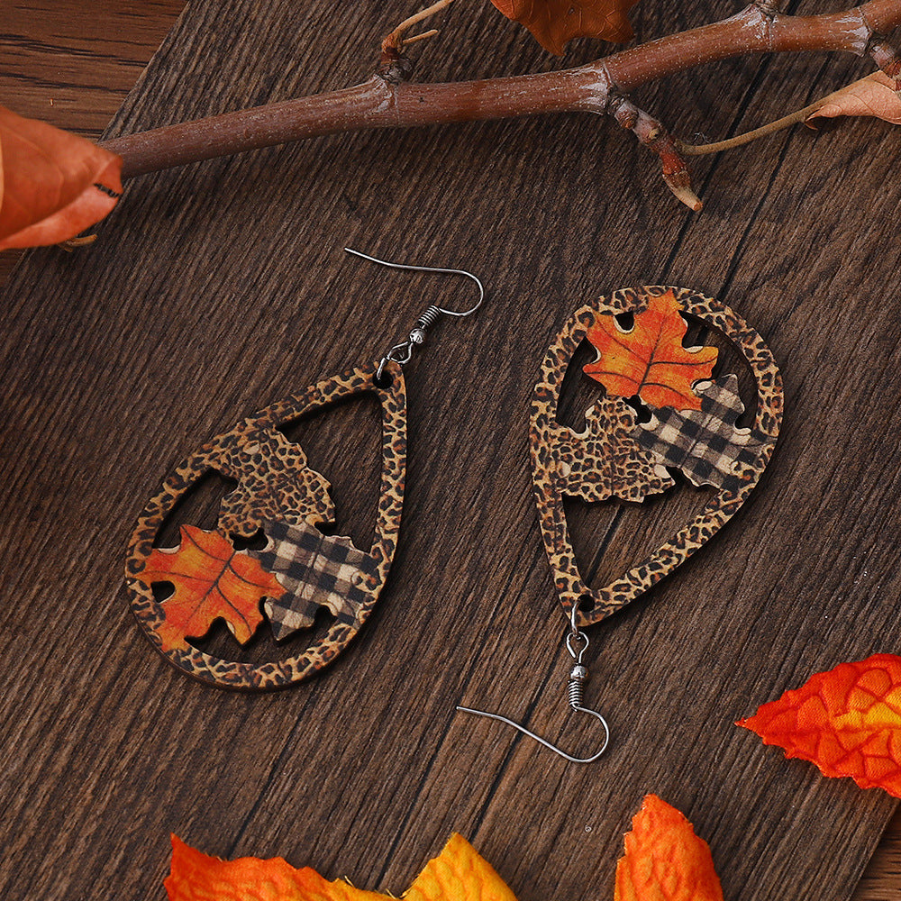 Wholesale Hollow Leopard Plaid Maple Leaf Water Drop Earrings