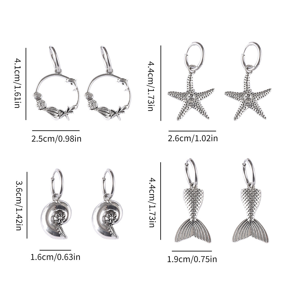 Wholesale 4 Pairs of Ocean Style Starfish Conch Fish Tail Hoop Earrings Set