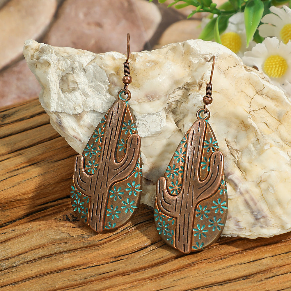 Wholesale Retro Bohemian Cactus Carved Drop Earrings Zinc Alloy Fashion Accessory