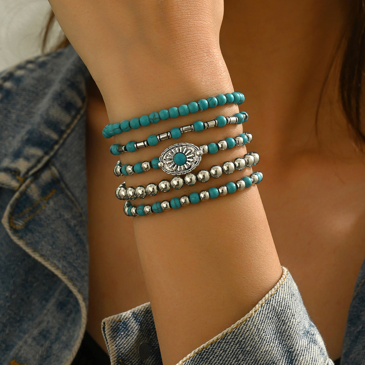 Wholesale Retro Cowboy Turquoise Bracelet Set Women S Handmade Engraved Metal Jewelry 5 Piece Gift Everyday Wear