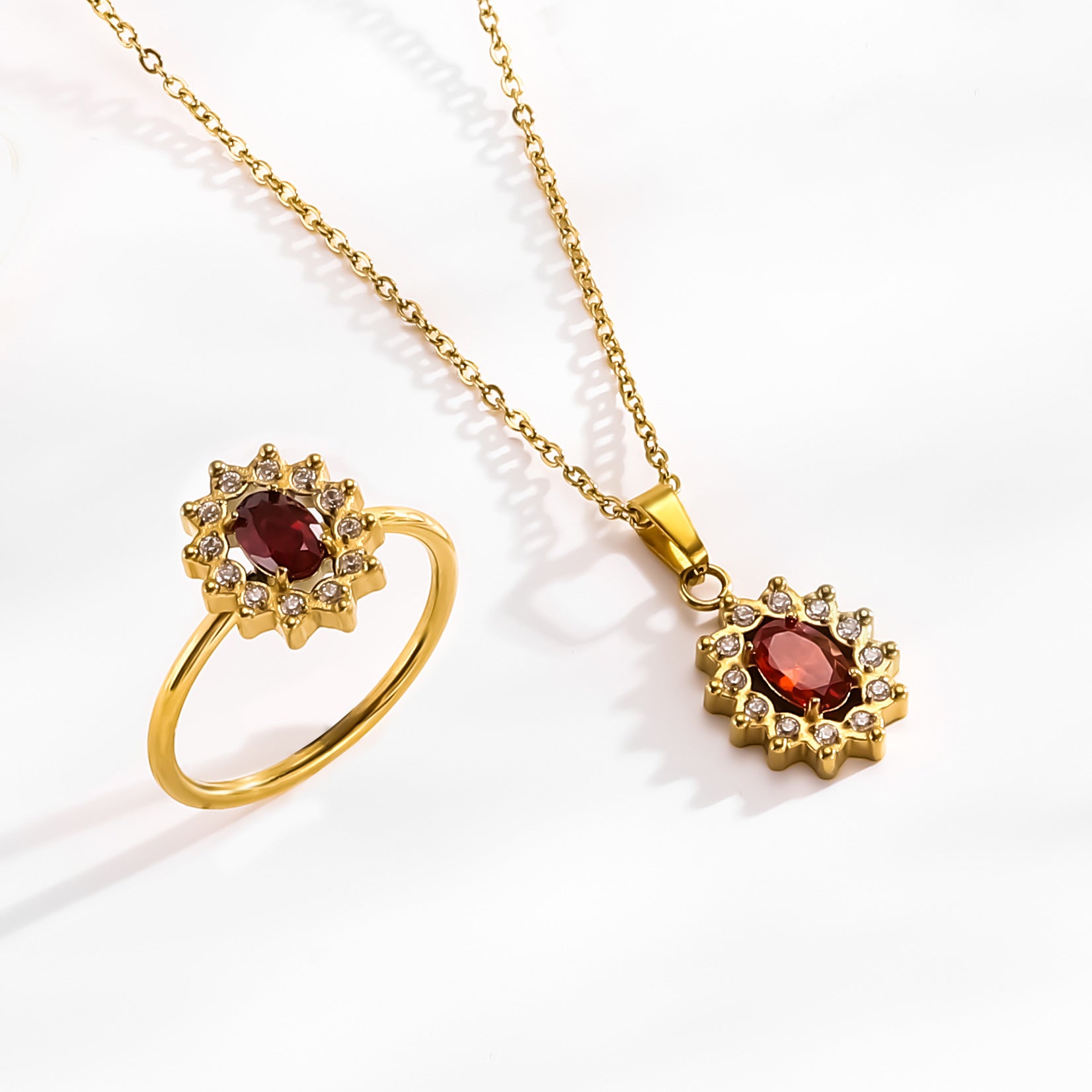 Wholesale vintage 18k titanium steel red zircon flower jewelry set