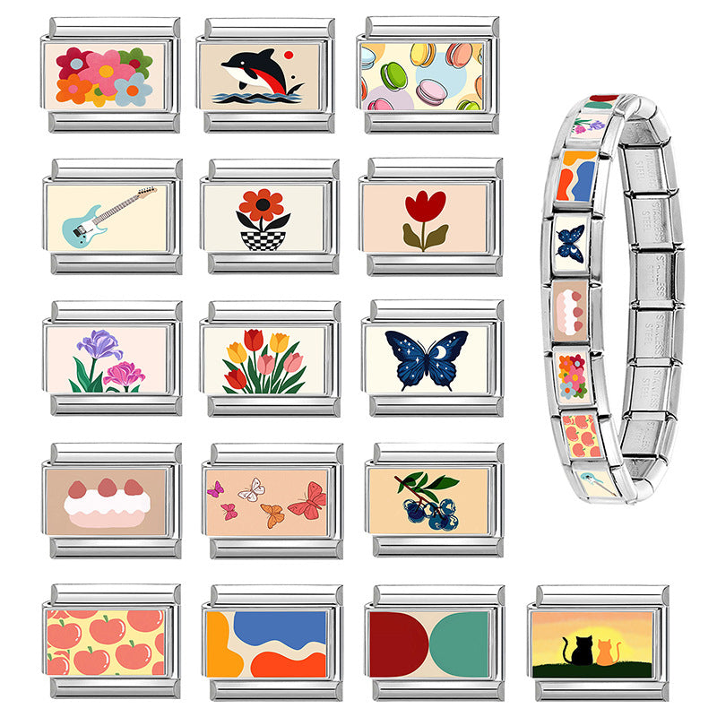 Wholesale DIY Creative Patchwork Floral Butterfly Guitar Modular Bracelet Stainless Steel Jewelry Accessory