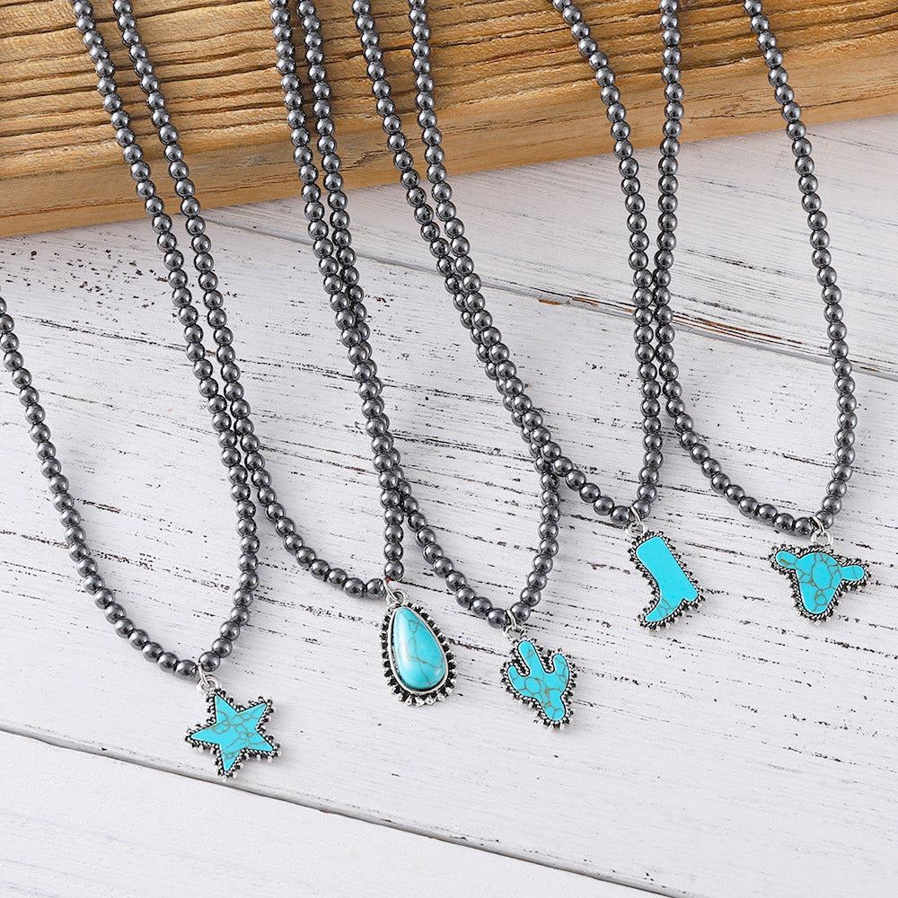 Wholesale Black Ball Bead Necklace  Cowboy Boots Bull Head Five-Pointed Star Jewelry