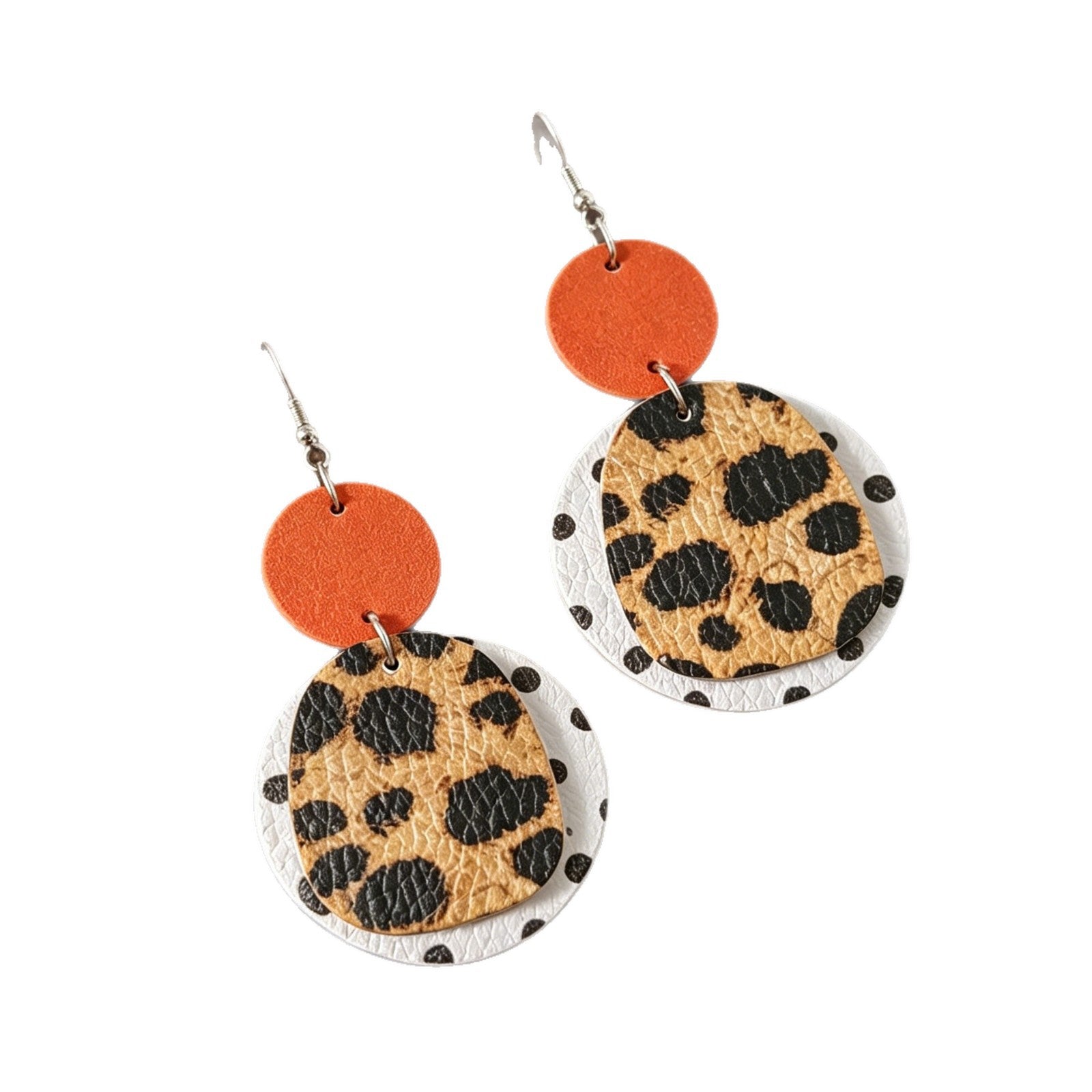 Wholesale Orange Polka Dot Leopard Print Leather Earrings Retro Style Jewelry Accessory