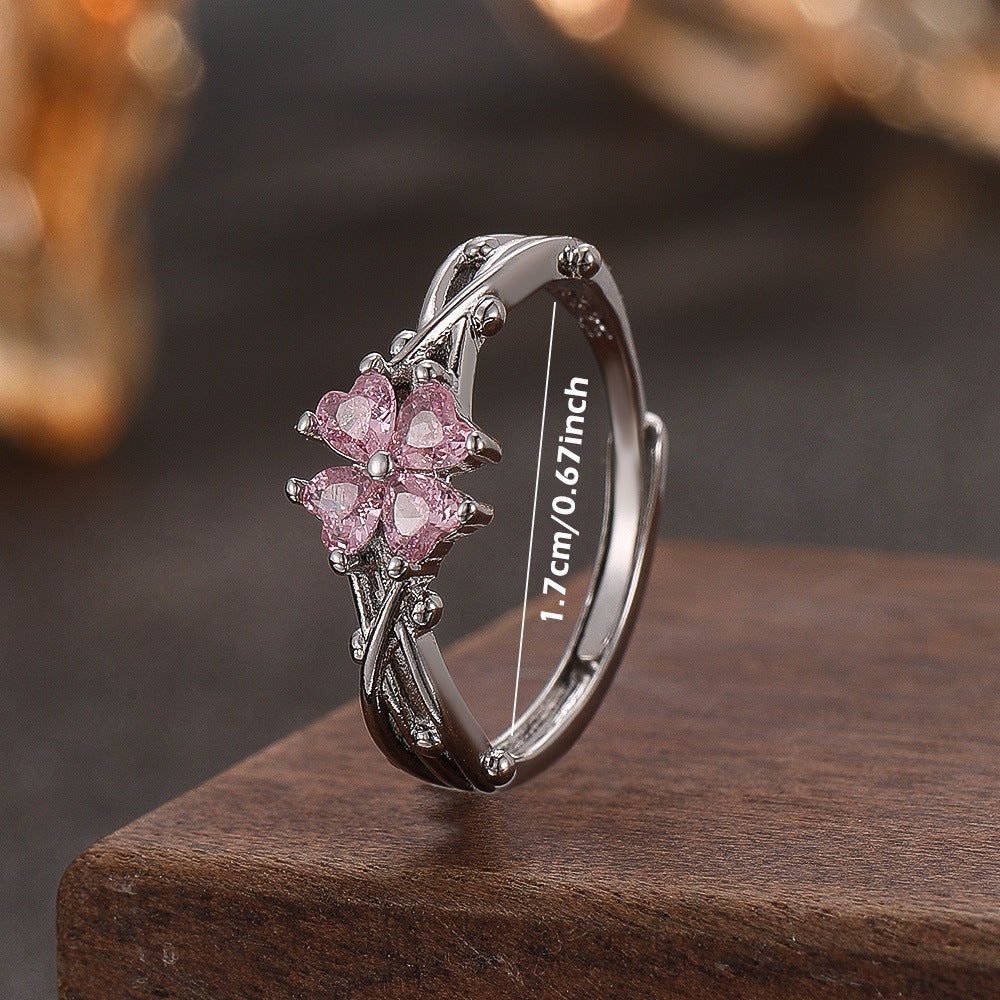 Wholesale Electroplated Copper Zircon Four Leaf Clover Ring Stylish Jewelry Accessory For Women Gift