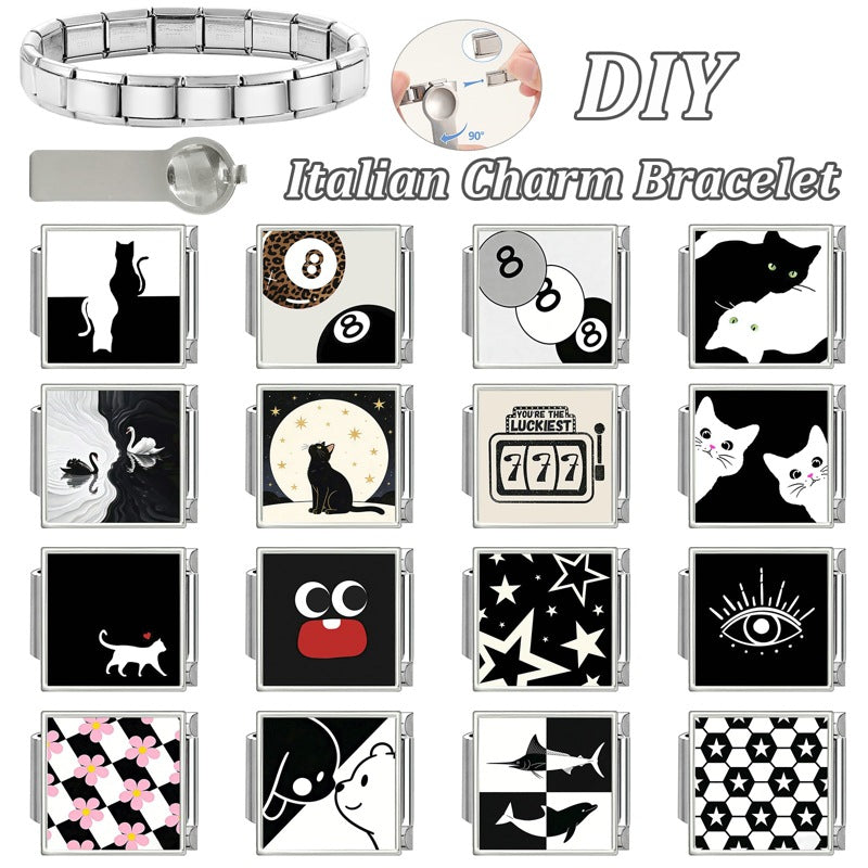 Wholesale Italian-Style Black and White Cat &  Star Patchwork Bracelet Stainless Steel DIY Jewelry Accessory