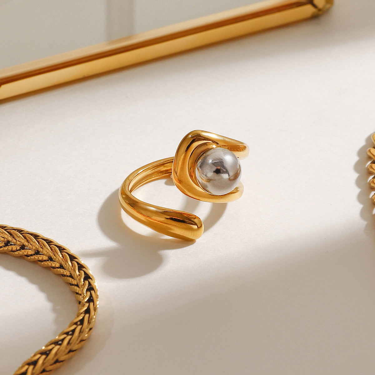 Wholesale  18k gold stainless steel gold and silver color matching beads color matching cross ring