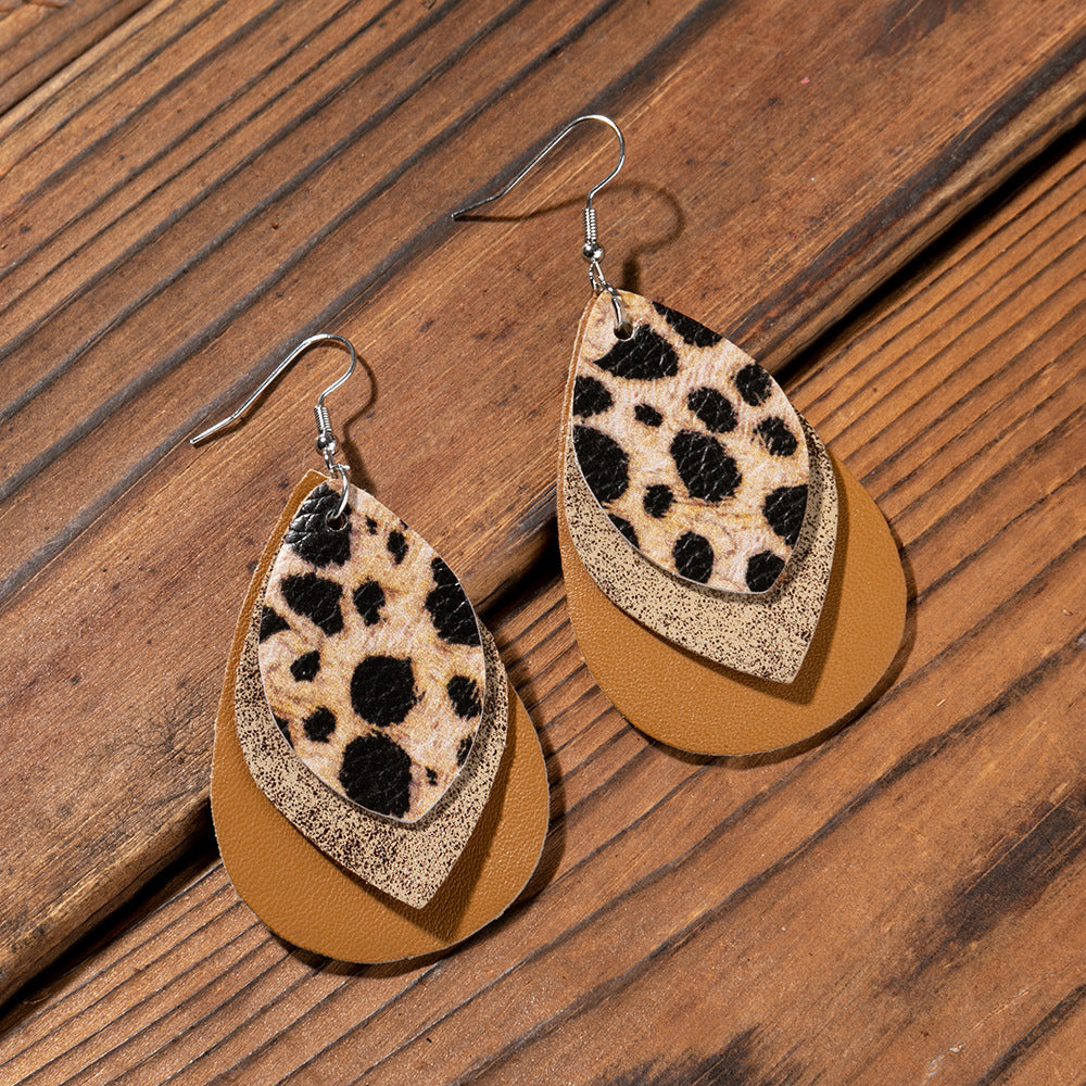 Wholesale Retro Multi-layer Water Drop Leaf PU Leather Earrings Jewelry Accessory