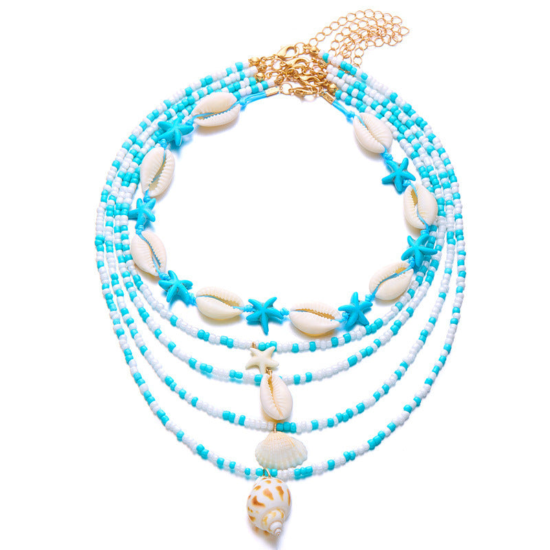 Wholesale  Multi-layer Necklace  All-match Summer Starfish Shell Conch Rice Bead Necklace 5-piece Set