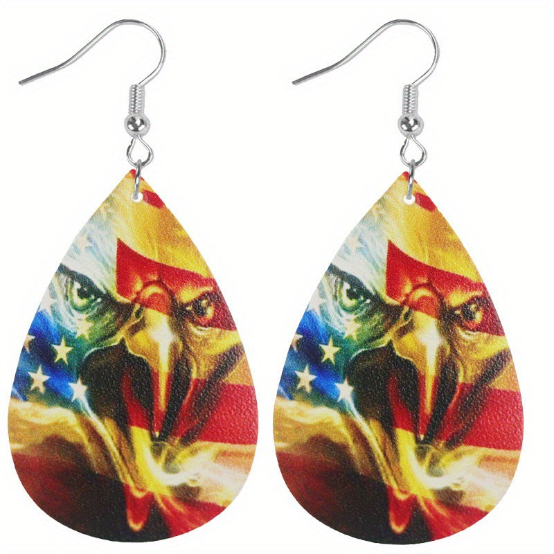 Wholesale Double-sided printing American Independence Day water drop leather earrings