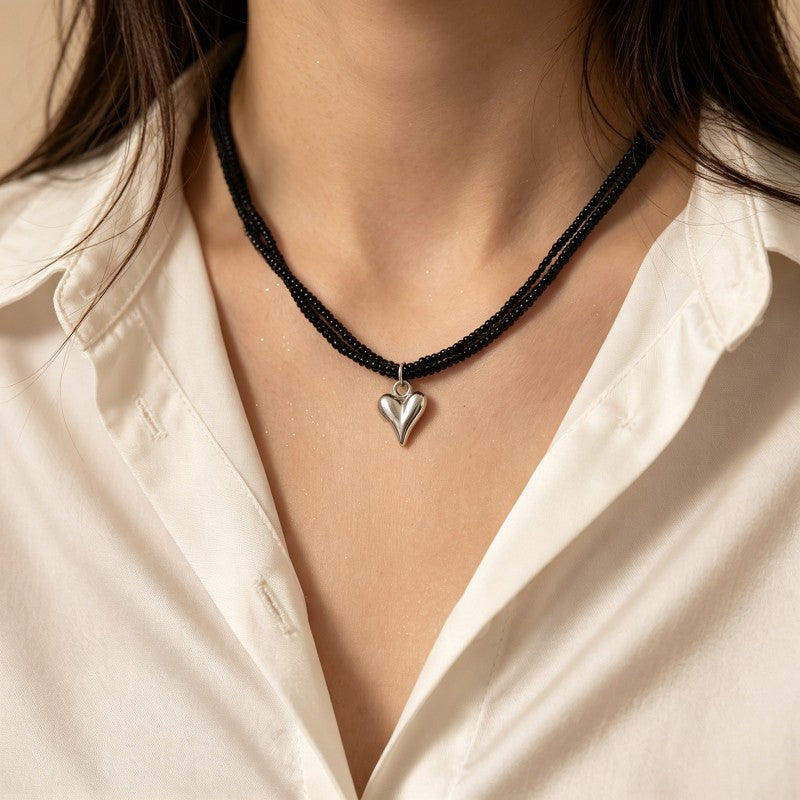 Wholesale Black Rice Bead Heart Pendant Necklace Double Layer Clavicle Chain Trendy Fashion Accessory For Women Gift Boutique Resale