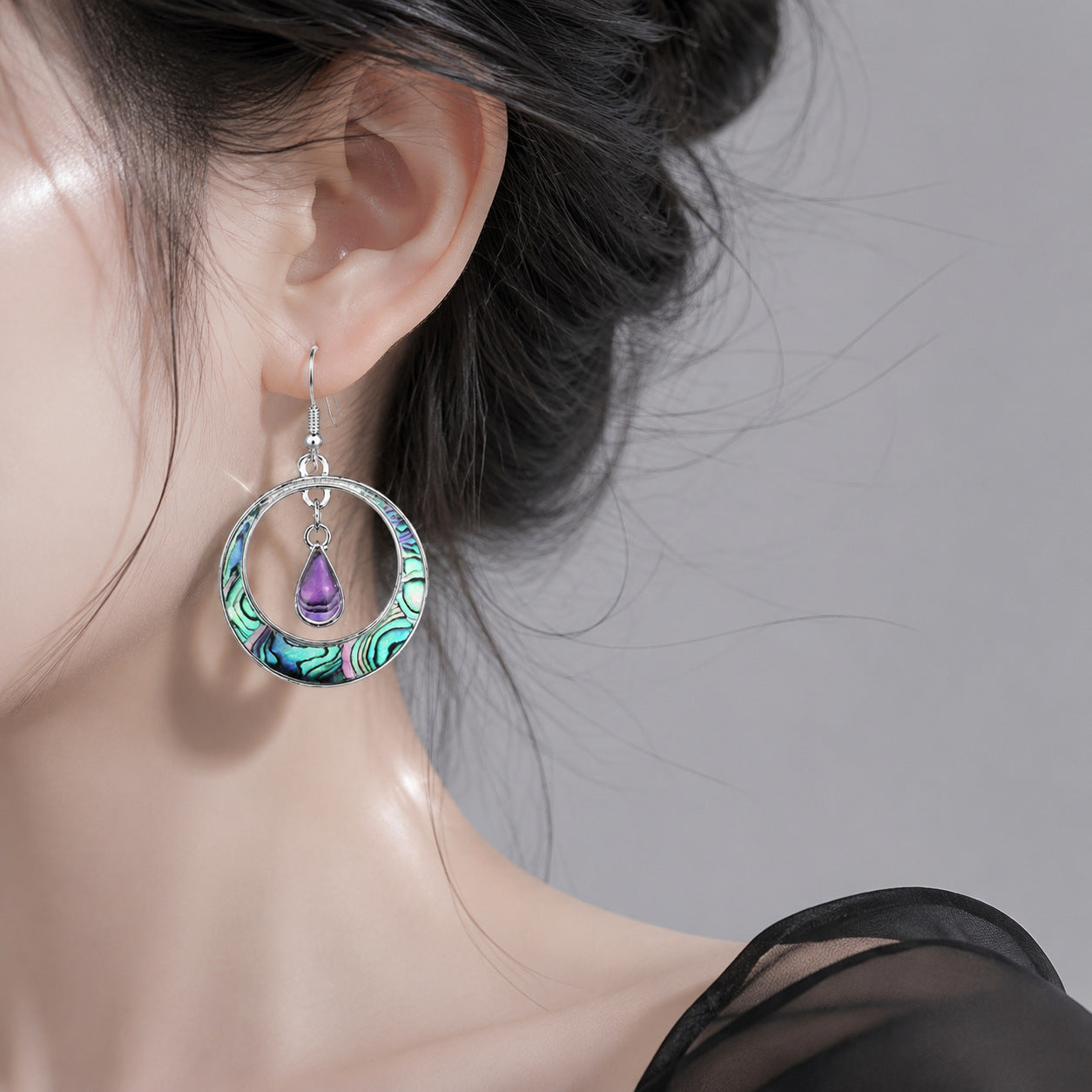 Wholesale Bohemian Hollow Circle Teardrop Purple Gem Palace Style Alloy Earrings Fashion Accessory Gift For Party Boutique Resale