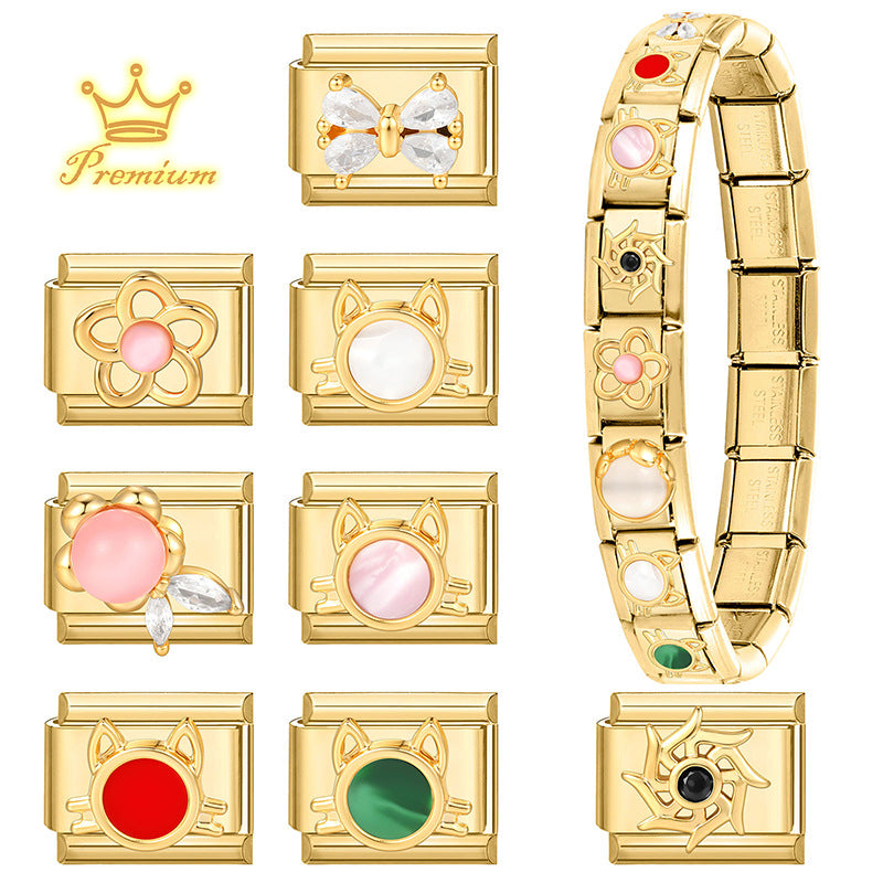 Wholesale Golden Bow Cat Sun Element DIY Modular Bracelet Stainless Steel Jewelry Accessory