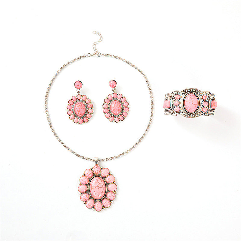 Wholesale Electroplated Alloy Retro Bohemian Turquoise Women' s Jewelry Set - Earrings,  Open Ring &  Necklace,  Fashion Accessory