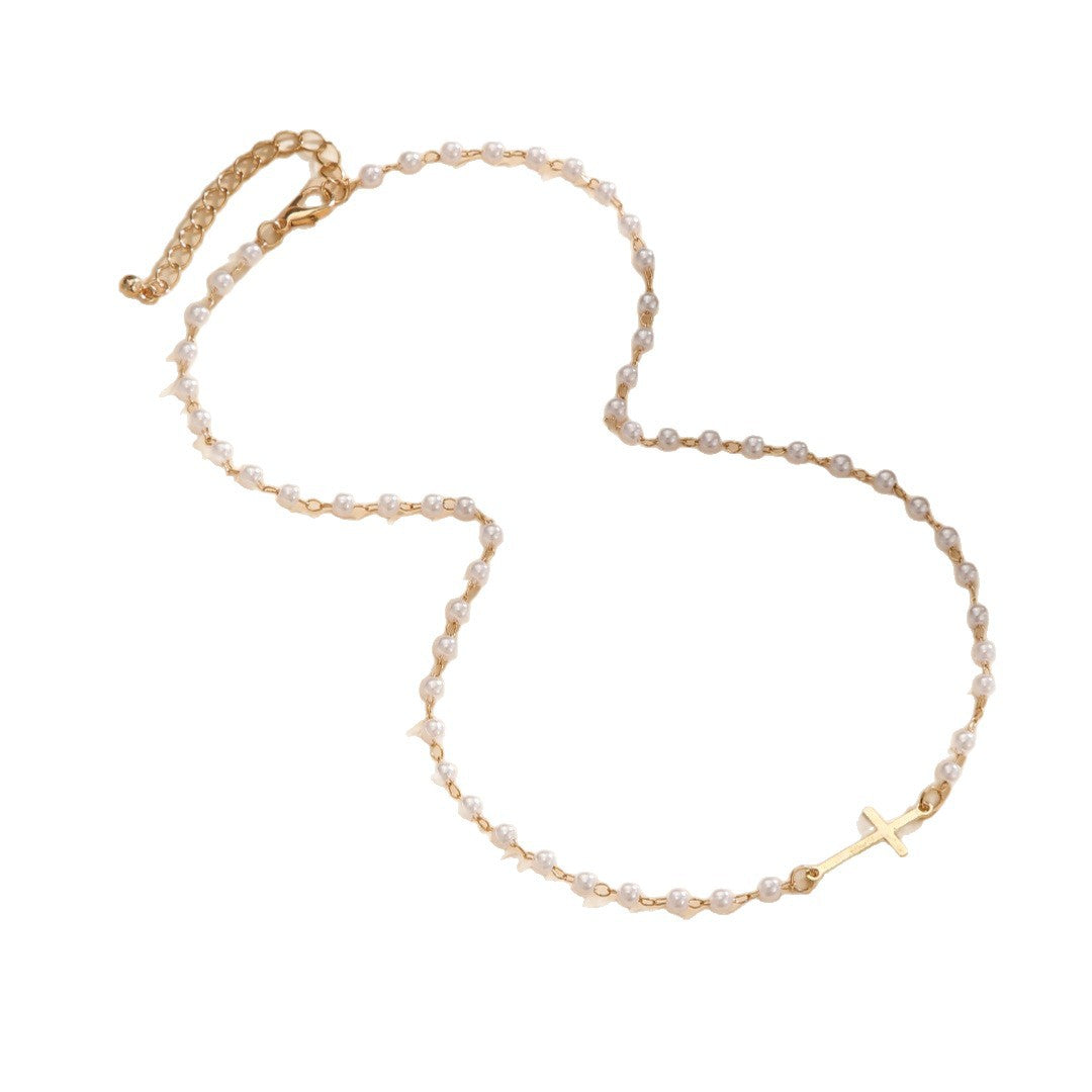 Wholesale Electroplated Alloy Cross Pearl Necklace European Style Women' s Jewelry Accessory