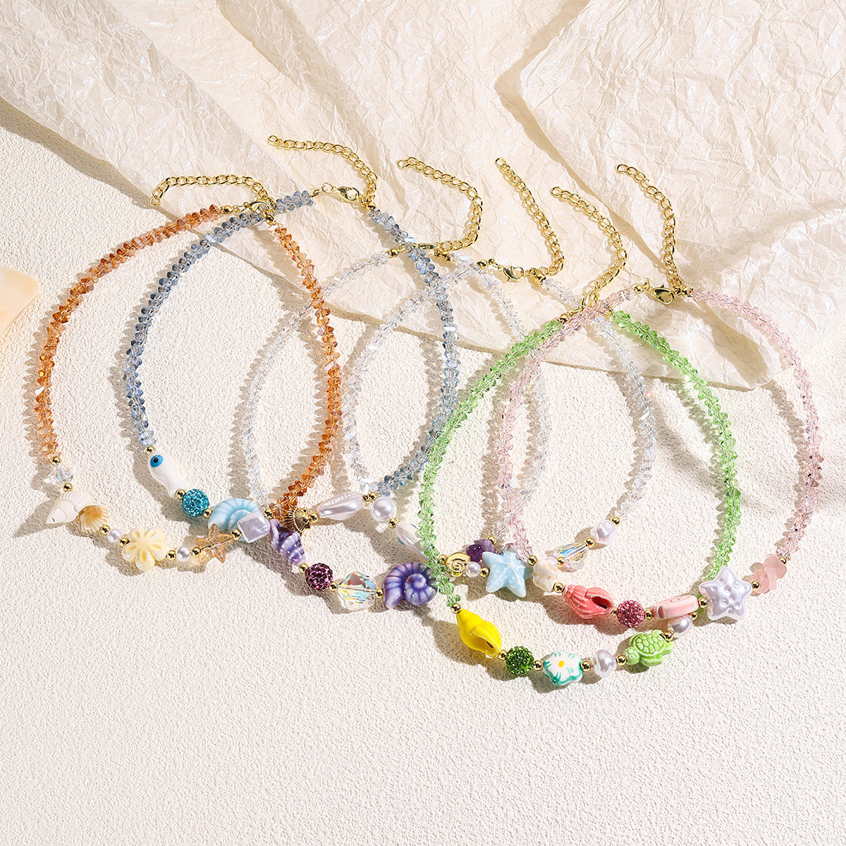 Wholesale Starfish shell necklace with marine resort style colorful crystal beaded necklace bracelet set