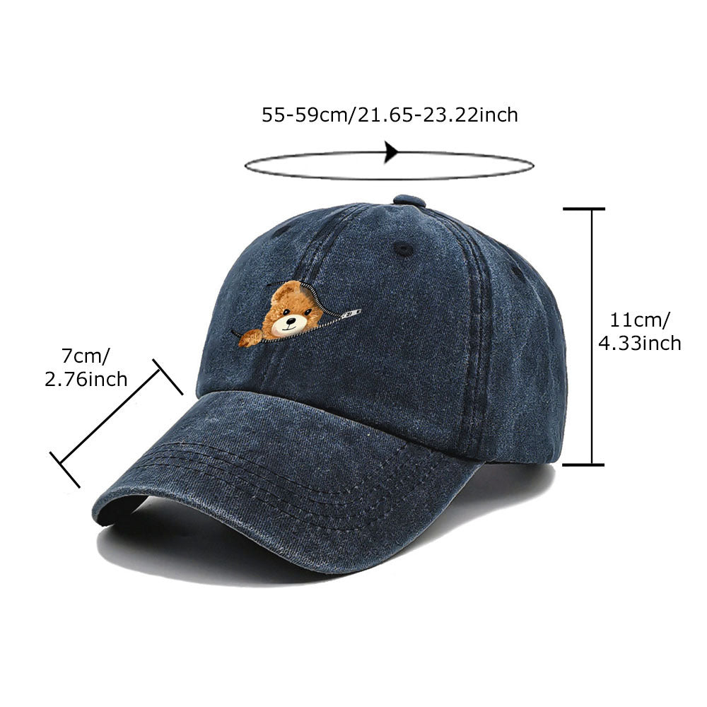Wholesale Zipper Bear Print Cotton Vintage Washed Baseball Cap Hat