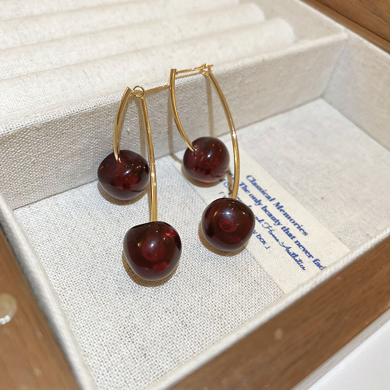 Wholesale Dark Red Resin Cherry Fruit Silver Needle Earrings ACC-ES-JingQiao003