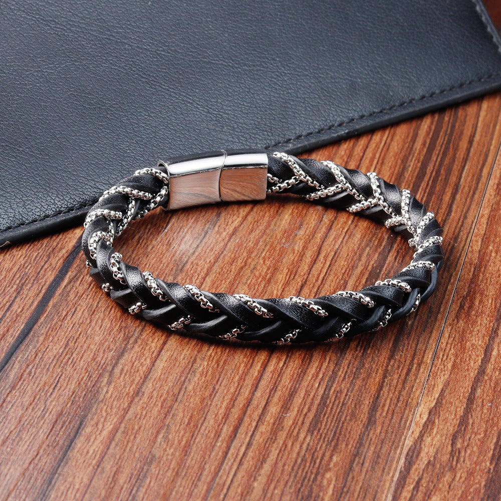 Wholesale Black Leather Cord Men's Double Layer Stainless Steel Bracelet ACC-BT-OSD001