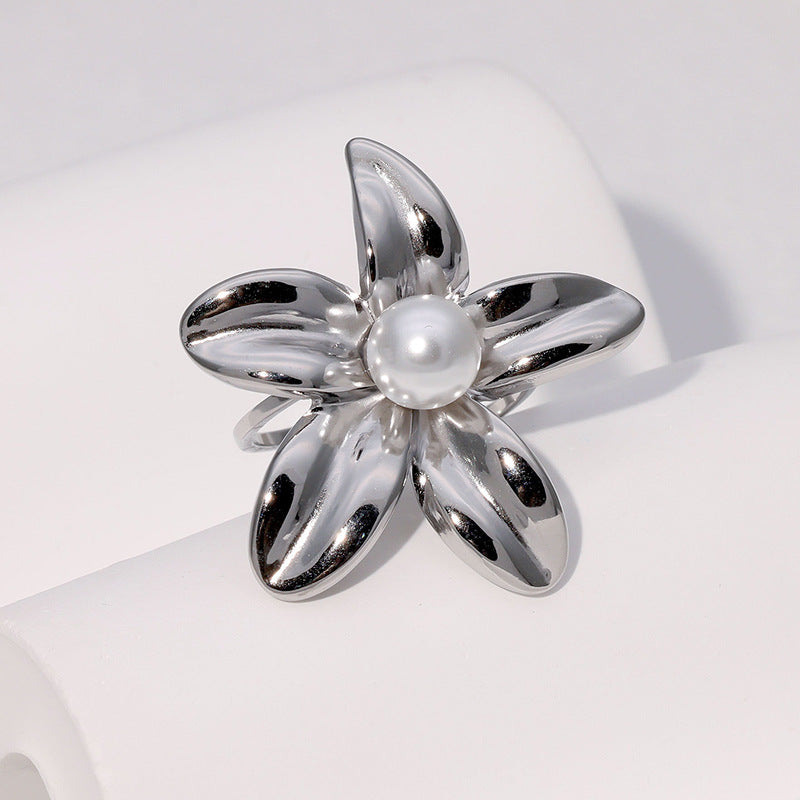 Wholesale all-match flower pearl stainless steel ring
