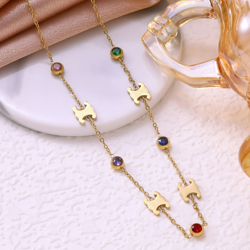 Wholesale French Retro Colorful Stone Arc de Triomphe Stainless Steel Jewelry Set