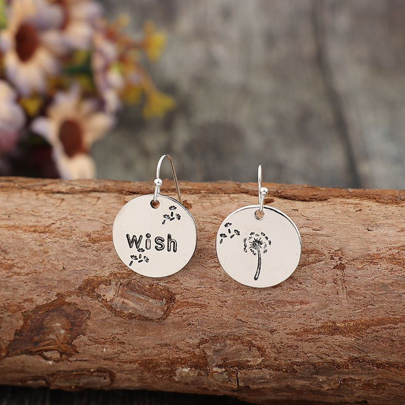 Wholesale  Retro Simple Style Disc Engraved Letter Dandelion Alloy Earrings