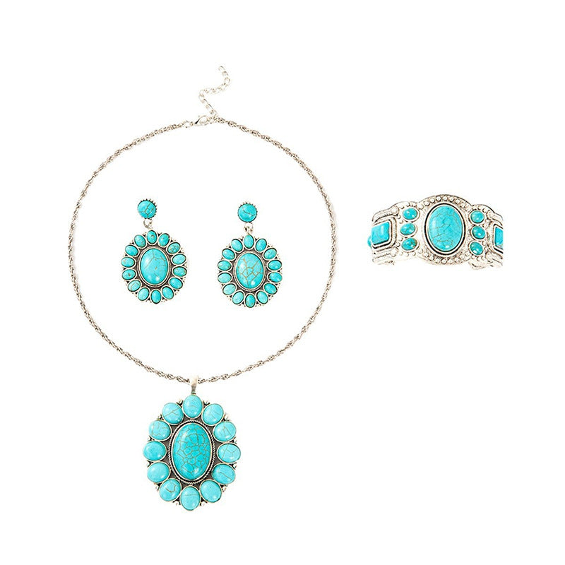 Wholesale Electroplated Alloy Retro Bohemian Turquoise Women' s Jewelry Set - Earrings,  Open Ring &  Necklace,  Fashion Accessory