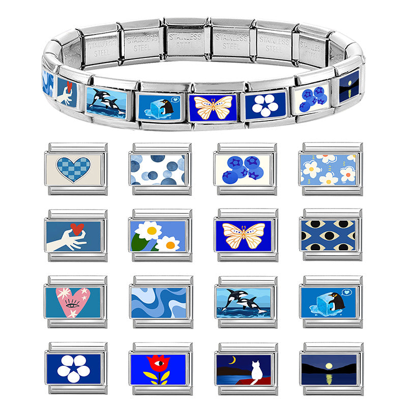Wholesale Hearts and Love Italian Charms Blue series DIY square Single Section Creative Stainless Steel Composable Bracelet