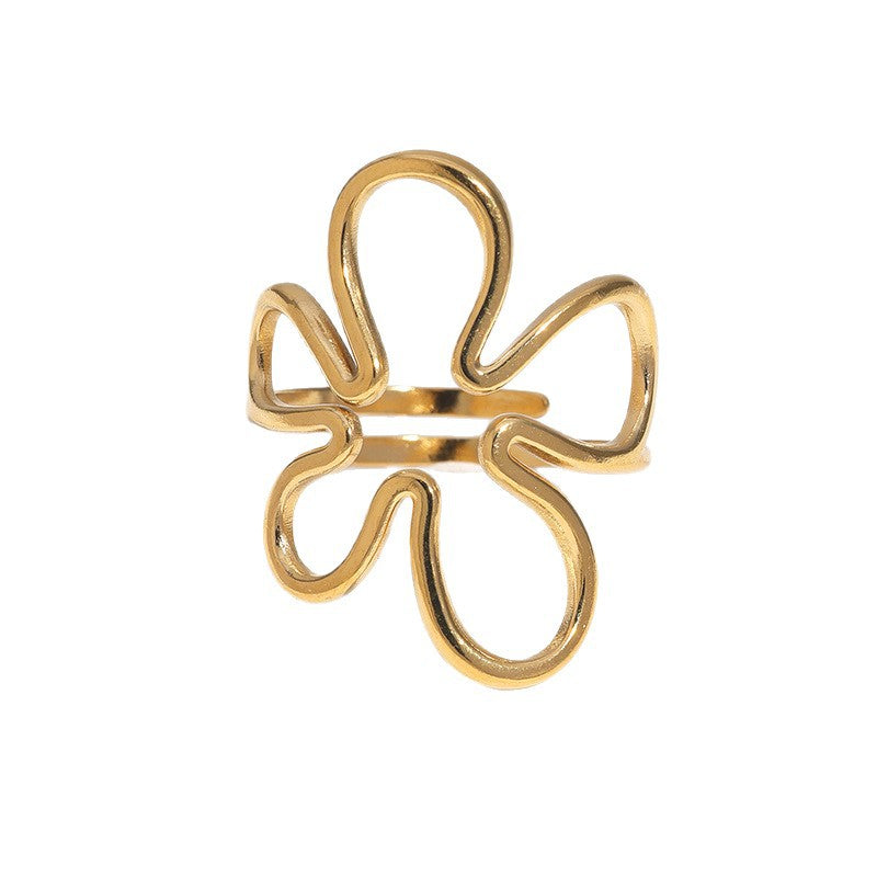 Wholesale Stainless Steel Hollow Flower Open Ring Adjustable Steel Tone Design Trendy Jewelry Accessory For Women Boutique Resale Everyday Wear