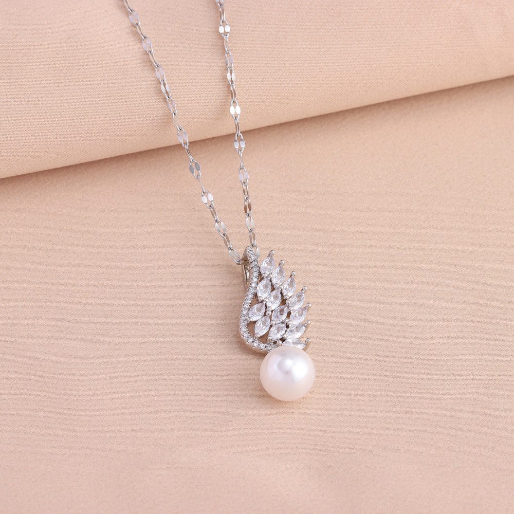 Wholesale Titanium Steel Full Zirconium Feather Pearl Pendant Necklace Earrings