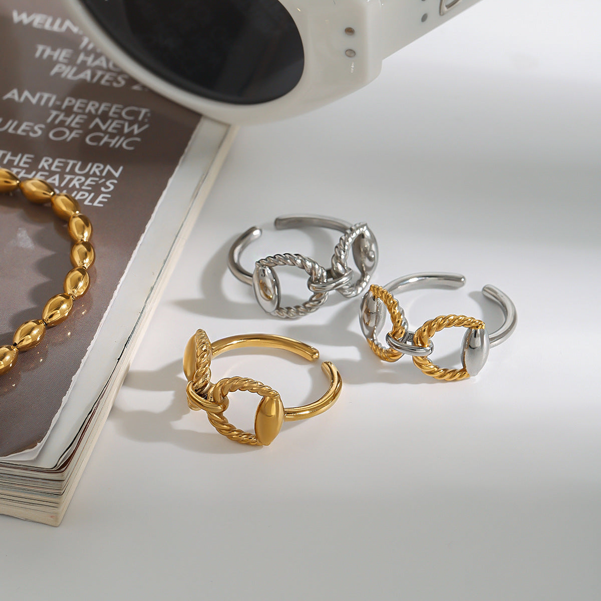 Wholesale  18K gold stainless steel double thread horseshoe opening ring