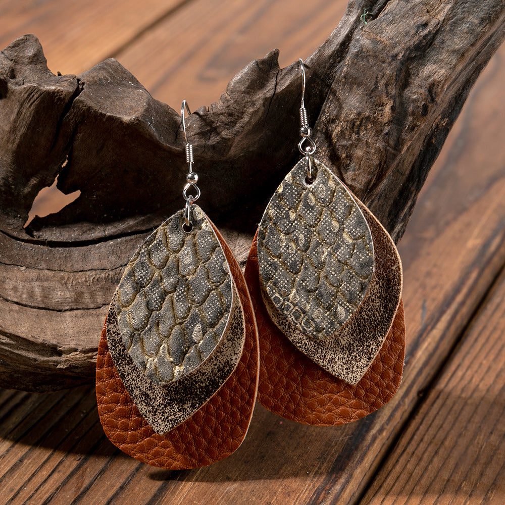 Wholesale Retro Multi-layer Water Drop Leaf PU Leather Earrings Jewelry Accessory
