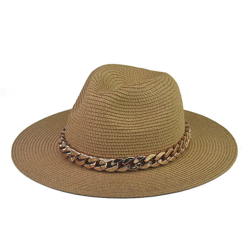 Wholesale Trendy Wide Brim Straw Hat With Gold Chain Decoration Flat Top Khaki Sun Hat For Summer Casual Wear