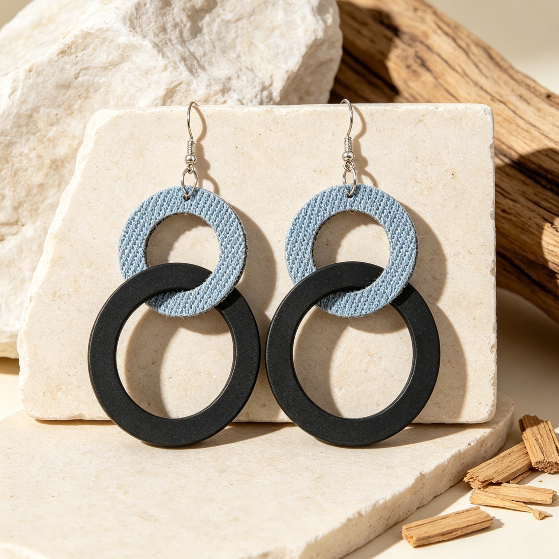 Wholesale Retro Bohemian Double Ring Black Wood Drop Earrings Denim Print Contrast Color Fashion Jewelry Accessory