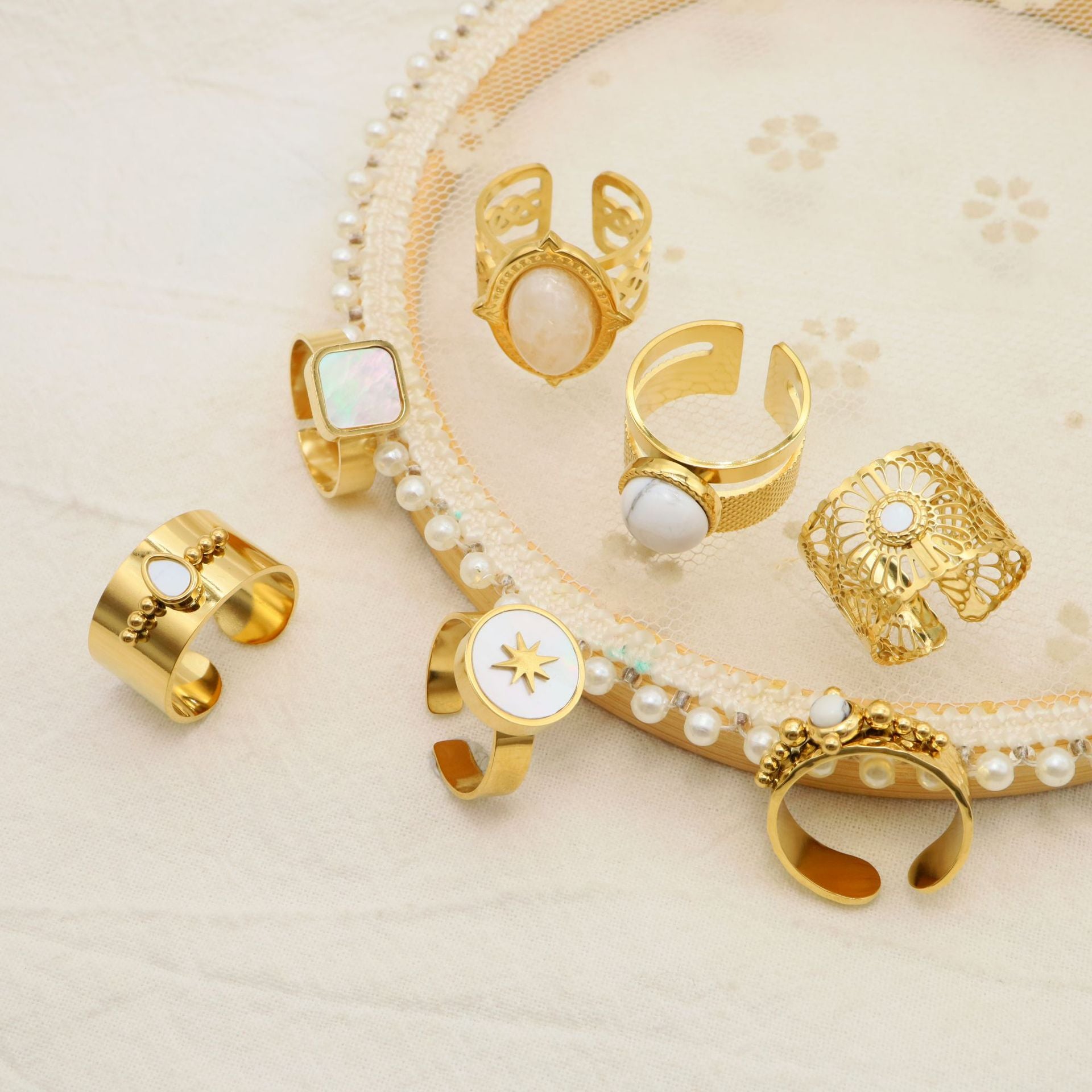 Wholesale Natural Stone Ring Titanium Steel Gold Plated Non-fading Adjustable Split Ring