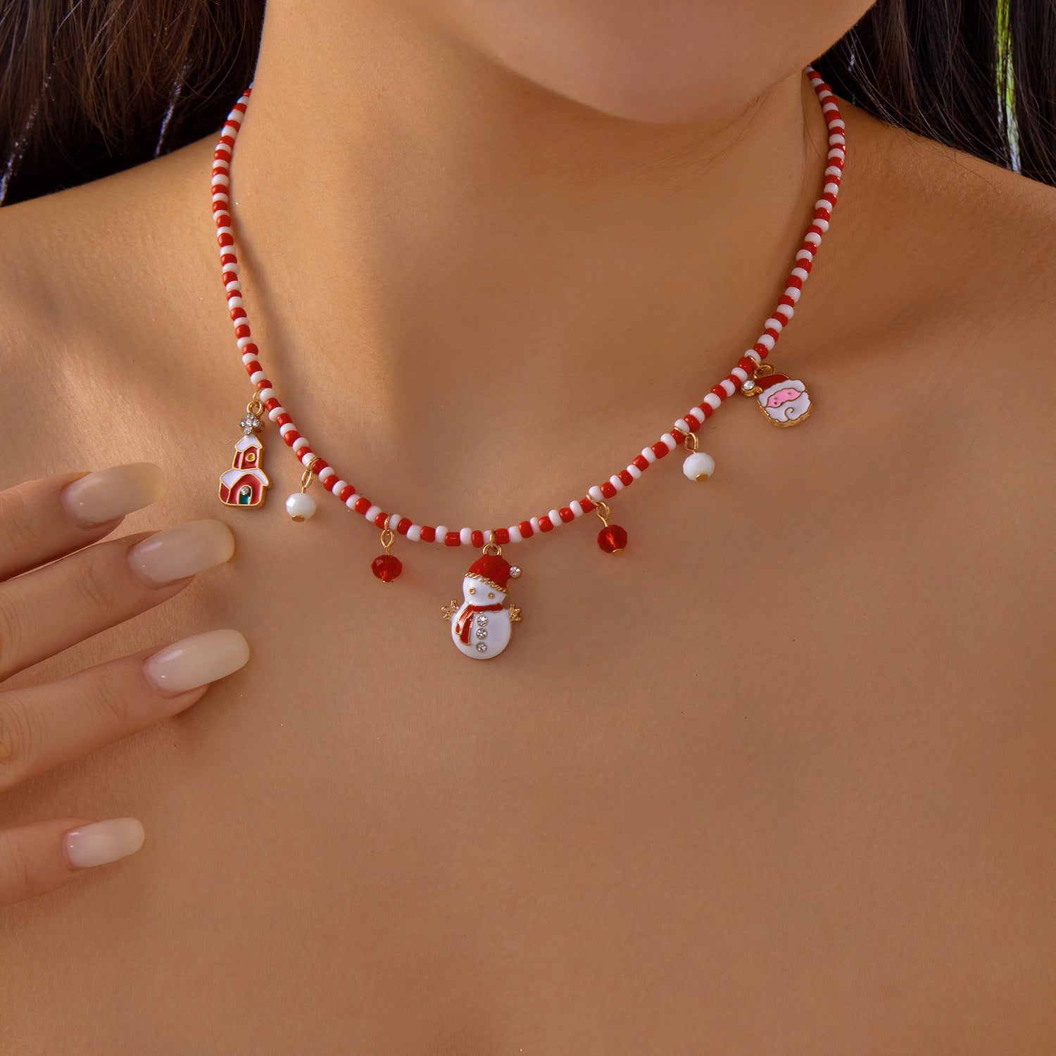 Wholesale Christmas Oil-Drop  Snowflake Color-Matched Beaded Necklace