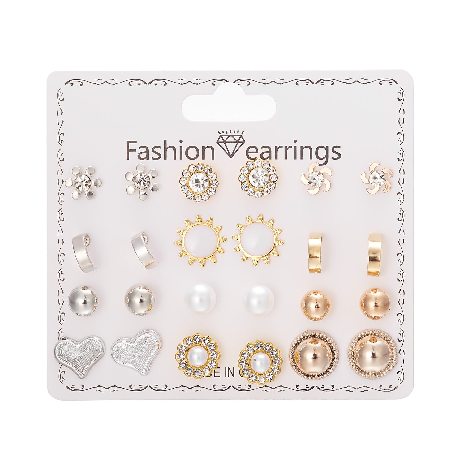 Wholesale  12 pairs of flowes  pearl round beads Diamond combination earrings