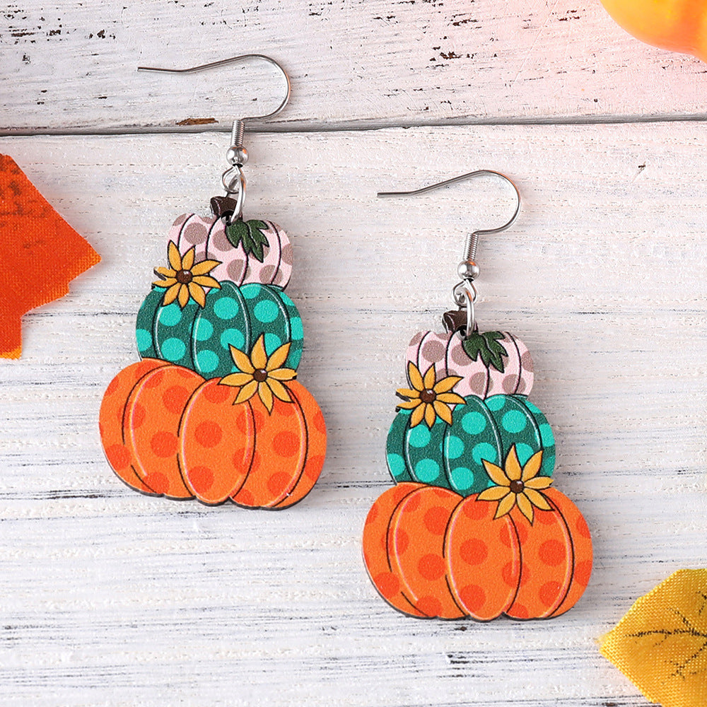 Wholesale Thanksgiving Autumn Harvest Wave Plaid Pumpkin Flower Pendant Earrings