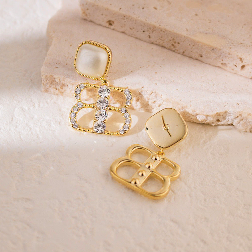 Wholesale Silver Needle French Zircon Letter Pearl Earrings