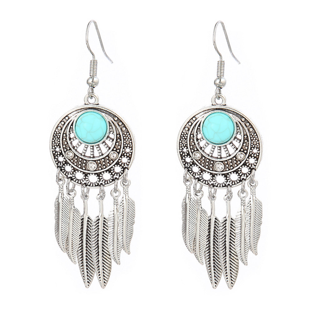 Wholesale Turquoise Tassel Earrings Geometric Alloy Design for Party Wear Boutique Resale Jewelry Accessory