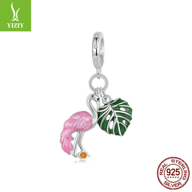 Wholesale Plant Series Cactus Diy Pendant Accessories Pink Flamingo S925 Silver Lucky Beads Charms ACC-CHS-YinZhiyun010