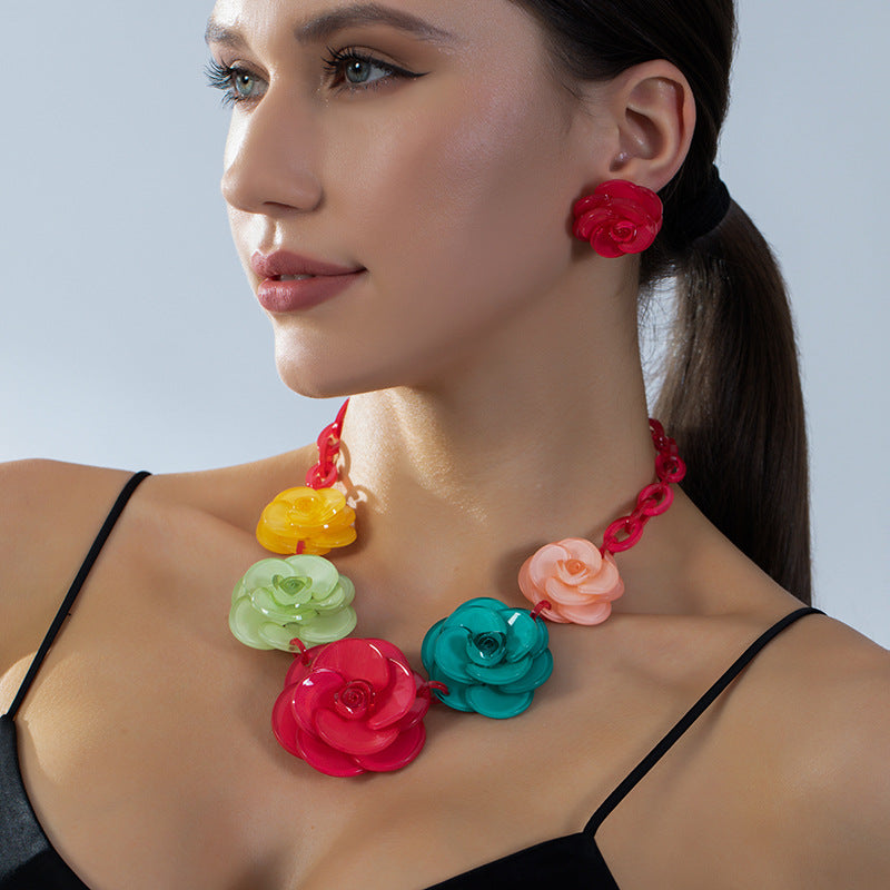 Wholesale Acrylic Flower Necklace and Earring Set,  Creamy Sweet Style,  Fashion Accessory for Boutique Resale
