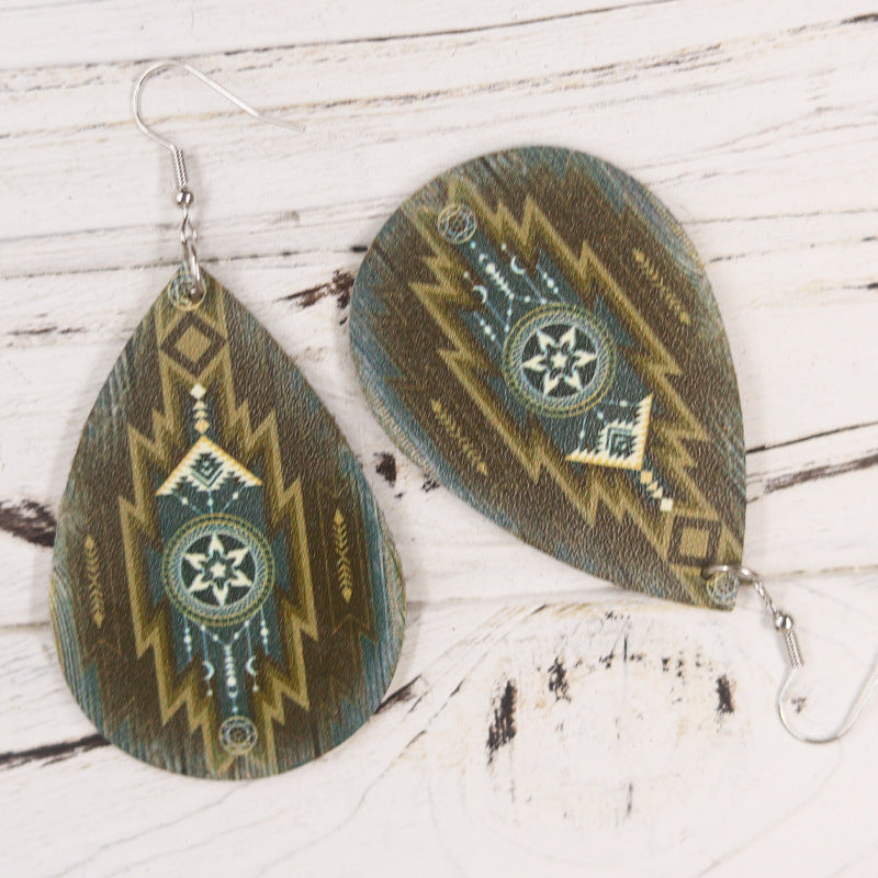 Wholesale Bohemian Style Symmetrical Camouflage Style Teardrop Shape PU Leather Earrings