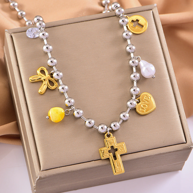 Wholesale Stainless steel two-color mix-and-match beaded thick necklace