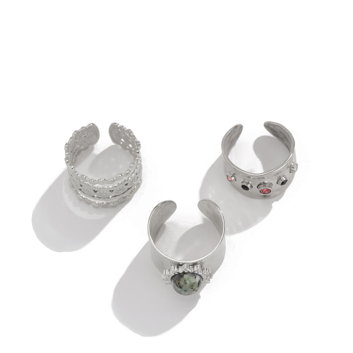 Wholesale Fashionable Joint Ring Set Hip-Hop Metallic Pleated Gemstone Rings