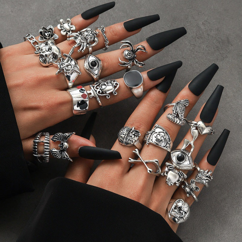 Wholesale Vintage Punk Skeleton  Ring Set 24 Piece Ancient Silver Zinc Alloy Jewelry Accessory