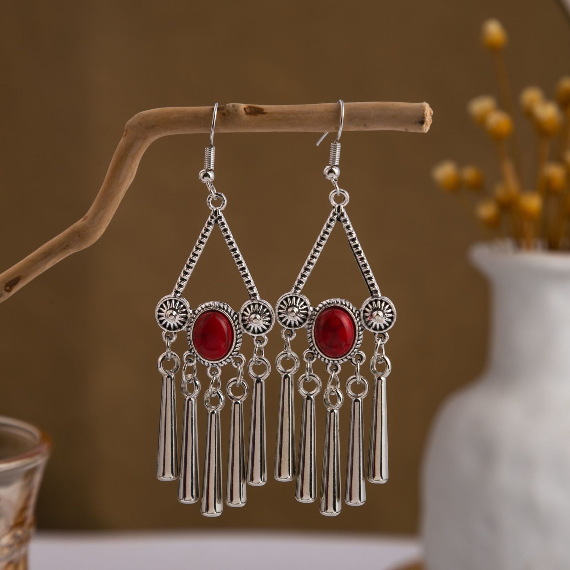 Wholesale Bohemian Owl Dream Catcher Feather Tassel Earrings Turquoise Geometric Carved Fashion Accessory Gift