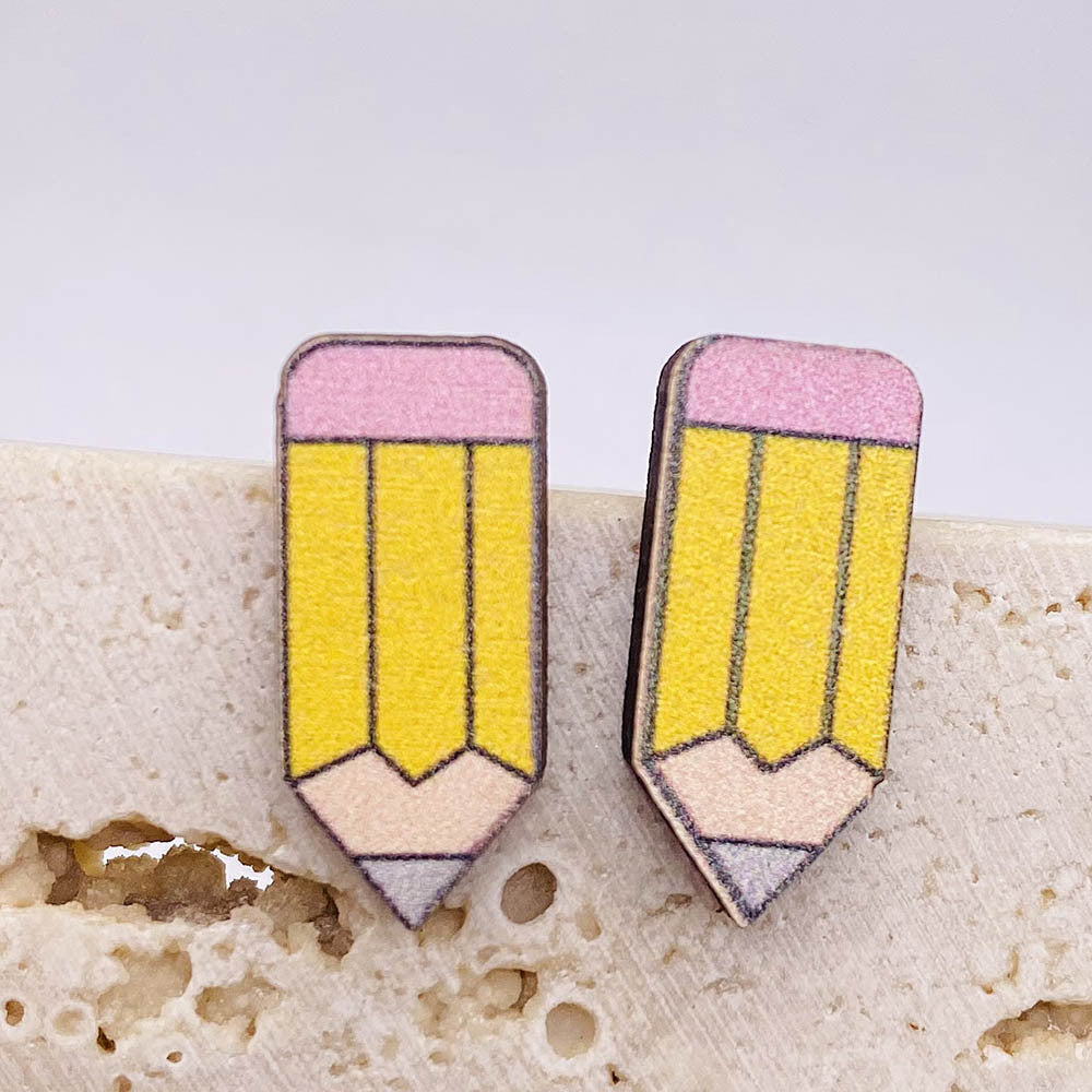 Wholesale  Back to School Pencil Magnifier Book Scissors Wood Earrings