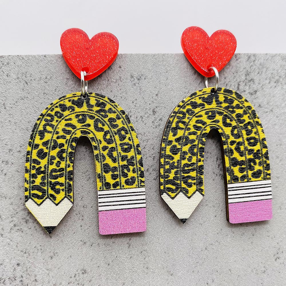 Wholesale Wooden Leopard-Print Pencil  Crayon  and Scissors Earrings
