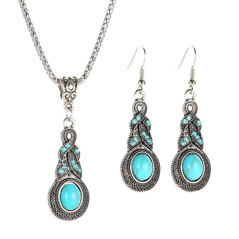 Wholesale Retro Turquoise Pendant Necklace Earrings Set